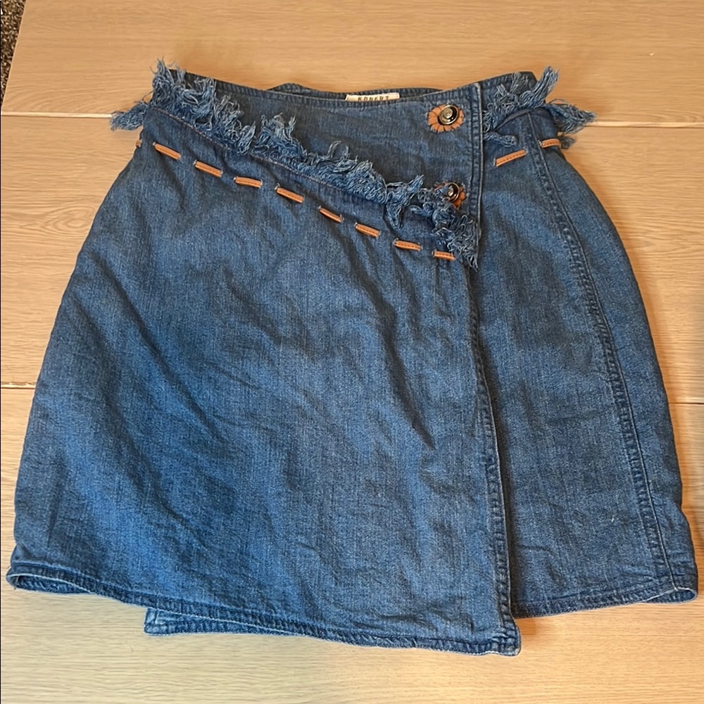 Denim Wrap Skirt with Fringe Detail